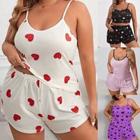 Plus Size Women Pajama Set Sleeveless O Neck Top & Elastic Waist Shorts Heart Print 2 Pieces Female Sleepwear Nightwear