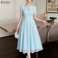 ZANZEA 2026 Summer Elegant Short Sleeve Hollow Out Party Dress Women Embroidered Dresses Stylish Lace Patchwork Work Sundress