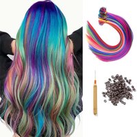 16 inch rainbow hair extension kit, synthetic color, stick stick hair extension, women's with microbeads, ladies cosplay