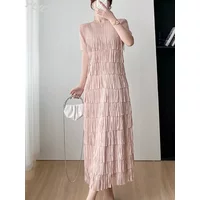 YUDX 2025 Early Autumn New Miyake High-end Fringe Stitching Summer Long Pleated Temperament Ageing Short-sleeved Women's Dresses