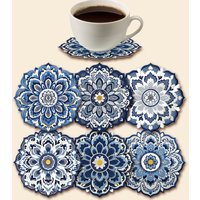Chinese Style Blue and White Porcelain Wood Mandala Flower Round Coasters Anti-hot Home Office Restaurant Cafe Table Decoration