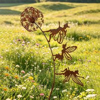 Rustic Metal Fairy Garden Stake - Dandelion & Dancing Fairies Silhouette Art, Weathered Corten Steel Yard Ornament