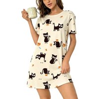 Women's Spring Summer Beige Sleep Dress Round Neck Short Sleeve Cute Allover Cartoon Black Cat Flower Print