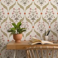 Floral Pattern Cream Wallpaper Peel and Stick, Hand-painted Wall Mural With Geometric Flower,Self-adhesive Or Traditional Papers