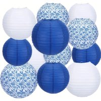 6Pcs Paper Lantern Party Supplies Set, Blue and White Ceramic Printed Round Lanterns Chinese Japanese Hanging Paper Lanterns Suitable for Ceiling Wedding Birthday Party Home Decoration