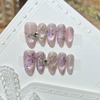 10Pcs Mid-length Almond Handmade Fake Nails Purple Cat's Eye Manicure Tips Flower Grid Rhinestone Reusable Press on False Nails