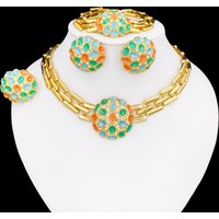 Women Jewelry Set Colorful Classic Design 18K Gold Plated Necklace Earrings Bracelet Ring 4PCS Set Jewelry Wedding Party Gift