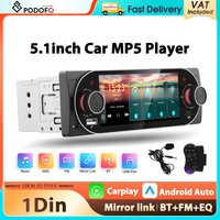 Podofo 5,1'' 1Din MP5-Player Kabelloses Carplay Android Auto Multimedia-Player Bluetooth FM Mirror Link EQ Farbige Hintergrundbeleuchtung Auto-Stereoanlage