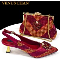 2024 Italian Design Rhinestone Luxury Wine Colour Pointed Toe Shoe & Bag Set Women's High Heels for Parties By Venus Chan