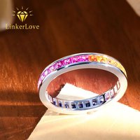 LinkerLove S925 Silver Rainbow Sapphire Ring Princess Cut Multi Color Gemstone Eternity Wedding Band Fine Jewelry Gift for Women image 4