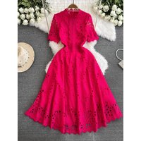 High Quality Lace Hollow Out Summer Women Lace Fashion Elegant Embroidery Ruffled Neck Short Sleeve Party Casual Office Dresses