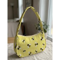 Trendy Cute Bee Print Shoulder Bag, Yellow Corduroy Underarm Bag for Daily Casual Use