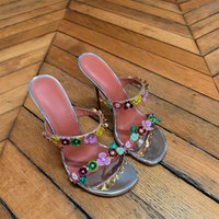 Women's Metallic Silver Slide Slippers Rhinestone Decor Straps Open Toe, Thin Stiletto Heel, Colorful Enamel Floral Footwear