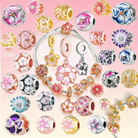 Hot Sale 925 Silver Flower Charms Beads Set Fit Original Bracelet,DIY Cherry Blossom Design,Women's Fashion Beaded Charms Gift