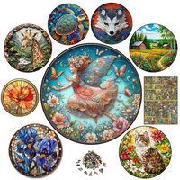 Wooden Animal Jigsaw for Adult Kids Lovely Butterfly Girl Puzzles Fantasy Creatures for Decoration Unique Wood Circular Puzzle