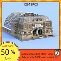 12618PCS European-Style Large Train Station Hot City MOC Model DIY Creative Architecture Assembly Kit Educational Puzzle ToyGift