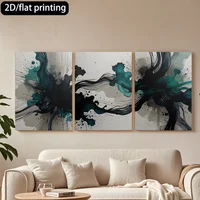 3pc wooden frame canvas decorative paintingAbstract ink art, teal black shapes.Corridor bedroom decoration