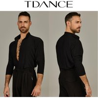 Maßgeschneidertes TDANCE Herren-Latin-Tanz-Übungsshirt mit Stehkragen, tiefem V-Ausschnitt, Knopfleiste, langen Ärmeln, Performance-Uniform BS-50