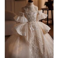 Customized White Flower Girl Dress for Wedding Appliques Short Sleeve High Waist Floor Kids Birthday First Communion Gown