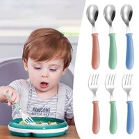 Baby Feeding Tableware Set Children Utensil Steel Toddler Dinnerware Cutlery Cartoon Infant Food Feeding Spoon Fork