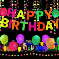 Blacklight Party Supplies Happy Birthday Banner Neon Balloon Glow in The Dark Wafer Stars Paper Garland UV Reactive Glow Tapes
