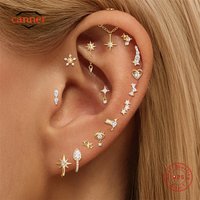 CANNER 1PC 925 Sterling Silver Eight Pointed Geometric CZ Flat Head Cartilage Piercing Earring For Women INS 18K Gold Earring
