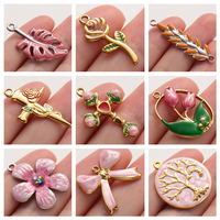 3pc Girl Pendant Hot Pink Oil Dripping Stainless Steel Plant Tree Flower Charm Pendants For Jewelry Making Supplies DIY Keychain