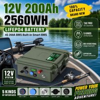 LiFePO4 12V 200AH Akku mit Bluetooth BMS, 6000+ Zyklen, 2560Wh Trolling-Motor-Akku für Fischfinder, Boot, Außenborder, Schwimmgerät