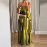 Elegant Sleeveless Backless Solid Long Dress Women Sexy Off Shoulder Sling Dress Fashion Multi-Layered Ruffled Loose Party Dress