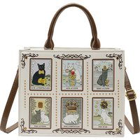 Tarot Cat Print Retro Tote, Cute Unique Innovative Crossbody Shoulder Handbag, Large Capacity Handle Purse for Commute Dating