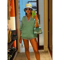 Holiday Retro Shorts Suit Summer New Women V Neck Knitted Tops Casual Lace Up Shorts Korean Fashion 2 Piece Sets Womens Outfits