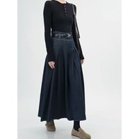 High Waist Pleated Denim Skirt Women's Retro Commuter Style Early Autumn Korean Version Dongdaemun Washed Blue Half Skirt