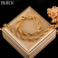 EILIECK 316L Stainless Steel Metal Gold Color Twist Thick Chains Neckalces Bracelet Set For Women New Trendy Jewelry Collar Gift