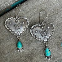 Ethnic Silver Color Inlaid Imitation Turquoise Copper Dangle Women's Earrings Butterfly Heart Earrings Woman Vintage Jewelry
