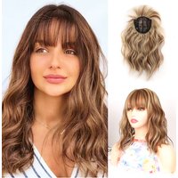 Loose Water Wave Hairpiece Clip in Fluffy Synthetic Hair Topper with Choppy Bangs Synthetic Hair Toupee for Women Girls