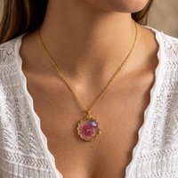 Romantic Vintage Gold Tone Necklace for Women Stainless Steel Flower Butterfly Pendant Scalloped Edge Elegant Daily Jewelry Gift