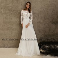 Sexy Beach Wedding Dress Boat Neck Long Sleeves See Through Lace Applique Chiffon A Line Sweep Train Bridal Gown for Bride