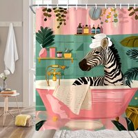 "Vintage Watercolor Zebra Bathtub Shower Curtain - Pink & Teal Tropical Plants Polyester Machine Washable Playful Bathroom Decor