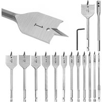 15-Piece Carbon Steel Spade Drill Bit Set with Pointed Tip & Hex Shank for Wood, PVC, Fiberglass, and Soft Metals - 6-25mm Sizes