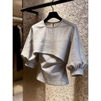 Grey round Neck Shirt Women's Fashionable Unique Beautiful Spring Summer Top Skin-friendly Breathable Slim Fit French Style