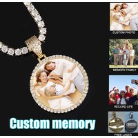 Personalized Photo Medal Sparkling Stone Necklace Jewelry Pendant Customized 35MM Round Pendant Commemorative Day Gift