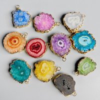 2pcs Natural Stone Colorful Agates Druzy Pendant Irregular Quartz Double Hole Connector Charm Jewelry Making Bracelets Necklaces