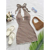 Ladies' casual yellow striped neck hanging holiday dress, beach wedding guests, graduation ceremony, brunch, St. Patrick's Day,