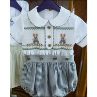 0-6Y Baby Boy Summer Rabbit Handmade Embroidery Smocked Black Stripe Outfit Suit for Birthday Causal A109