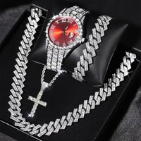 4PCS Luxury Rhinestone Men Quartz Watch Hip-pop Jewelry Set Fashion Roma Dial Calendar Quartz Wristwatch(Without Box)