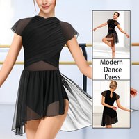 Women's Lyrical Short Sleeve Modern Dance Dress with Asymmetric High-Low Mesh Skirted and Soft Lining Camisole Leotard Dress