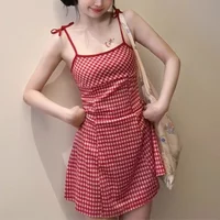 Summer Girls Sweet Red Plaid Slip Dress Lady Korean Designer Bowknots Slim Fit Skirts Female Beach Vacation A-line Short Dress