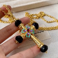 Vintage Turquoise Diamond Inlaid Sweater Chain Double-Sided Cross Crystal Necklace