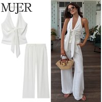 MUJER White Baggy Pants for Women 2 Pieces High Waist Woman Trousers Suits Wide Leg Women's Pants Sets off Shoulder Crop Top