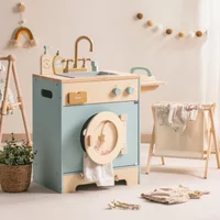 Robotime Robud Kitchen Washer Playset Pretend Play Toy Washing Machine with Clothes Basket Iron and Sink for Kids Age 3+Blue